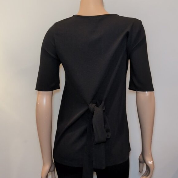 3/$20 Reitmans Tie Waist Blouse Short Sleeve Black Crew Neck Top Size Small - Picture 8 of 11